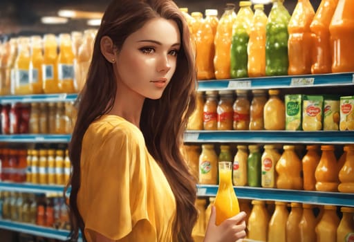 The beautiful woman is looking at the shelves to buy something from the supermarket. ai generative.