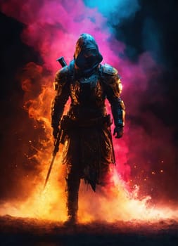 Beautiful young man with colorfull hair in colorful smoke. ai generative.