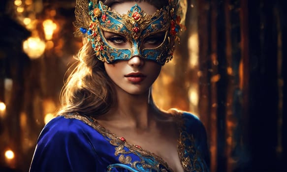 Beautiful young woman in a Venetian mask at the masquerade. ai generative.