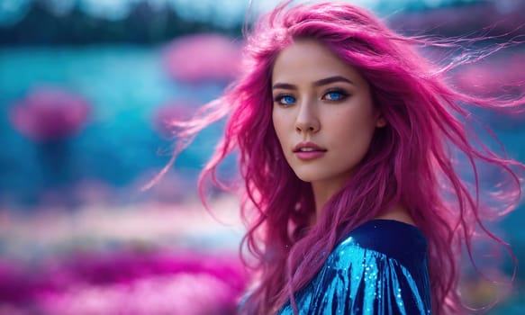 Close-up portrait of a beautiful girl with pink hair and blue eyes. ai generative.