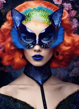 Portrait of a beautiful young woman with bright make up and Venetian mask. ai generative.