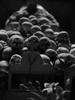 Skull and bones in ancient ossuary, Naples