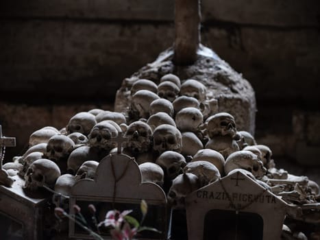 Skull and bones in ancient ossuary, Naples