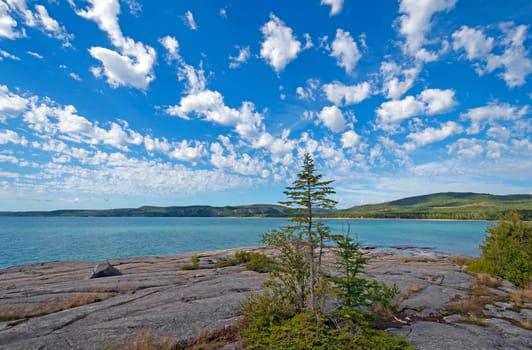 Puffy Clouds Over a Great Lakes Bay at Neys Provincial Park in Ontario