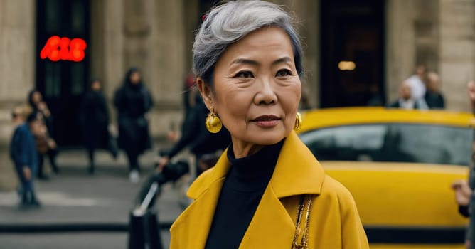 60 year old Asian female model in Paris Fashion Week. ai generative.
