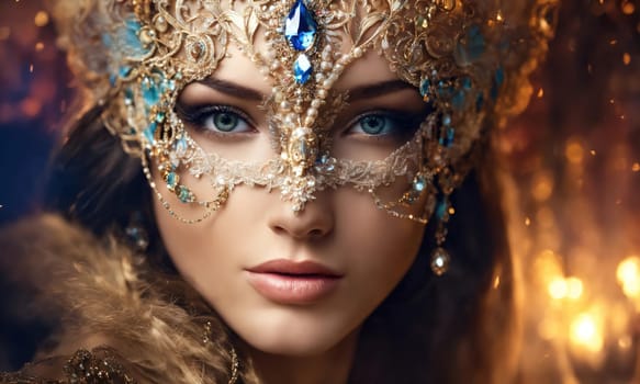 Beautiful young woman in a Venetian mask at the masquerade. ai generative.