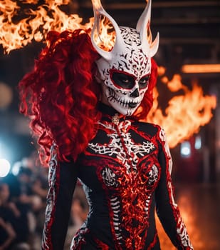 Beautiful young woman in skeleton costume posing. ai generative.