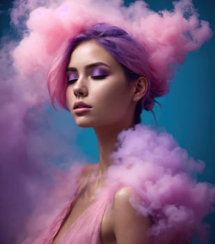 Portrait of a beautiful young woman with pink hair and smoke clouds. ai generative.