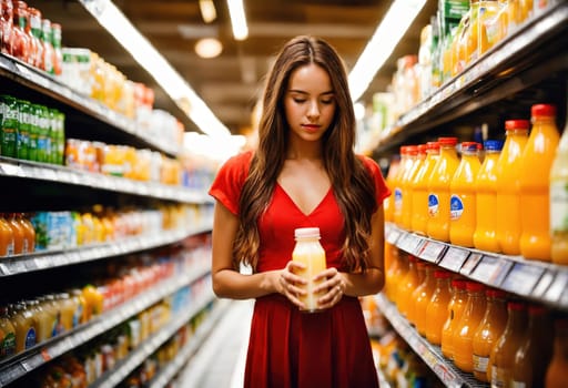 The beautiful woman is looking at the shelves to buy something from the supermarket. ai generative.