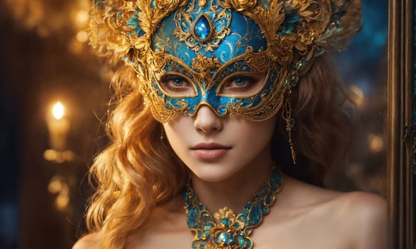 Beautiful young woman in a Venetian mask at the masquerade. ai generative.