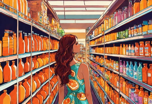 The beautiful woman is looking at the shelves to buy something from the supermarket. ai generative.