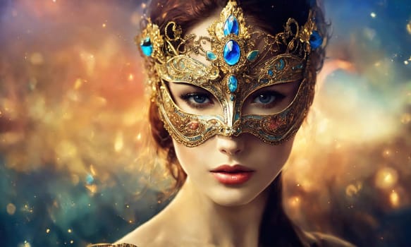 Beautiful young woman in a Venetian mask at the masquerade. ai generative.