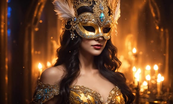Beautiful young woman in a Venetian mask at the masquerade. ai generative.