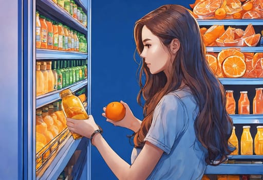 The beautiful woman is looking at the shelves to buy something from the supermarket. ai generative.