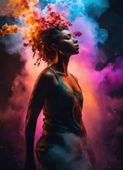Beautiful young woman with colorfull hair in colorful smoke. ai generative.