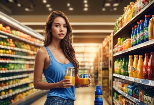 The beautiful woman is looking at the shelves to buy something from the supermarket. ai generative.