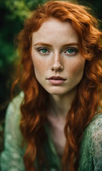 Portrait of a beautiful redhead girl with freckles on her face. ai generative.