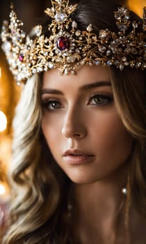 Portrait of beautiful young woman in crown. Luxury makeup and hairstyle. ai generative.