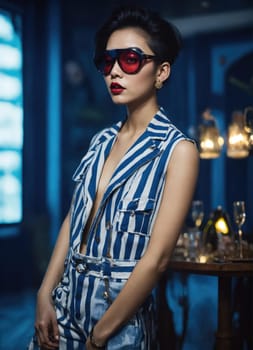 Fashion portrait of young beautiful asian woman with short hairstyle and sunglasses in a stylish dress. ai generative.