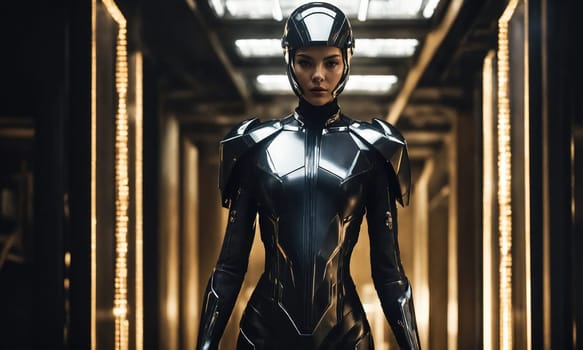 Futuristic woman in black latex suit standing in futuristic interior. ai generative.