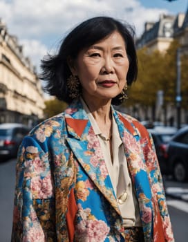 60 year old Asian female model in Paris Fashion Week. ai generative.