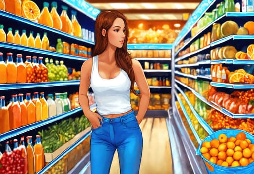 The beautiful woman is looking at the shelves to buy something from the supermarket. ai generative.