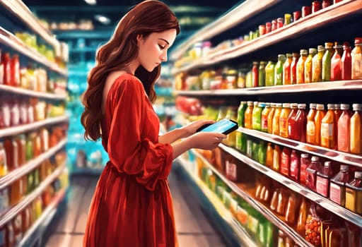 The beautiful woman is looking at the shelves to buy something from the supermarket. ai generative.