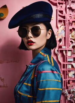Fashion portrait of young beautiful asian woman with short hairstyle and sunglasses in a stylish dress. ai generative.