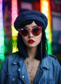 Fashion portrait of young beautiful asian woman with short hairstyle and sunglasses in a stylish dress. ai generative.