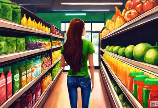 The beautiful woman is looking at the shelves to buy something from the supermarket. ai generative.