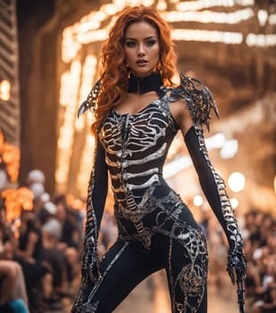Beautiful young woman in skeleton costume posing. ai generative.