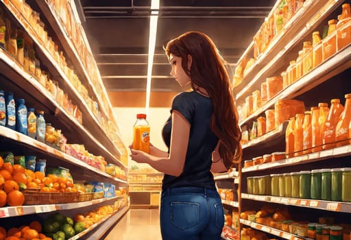 The beautiful woman is looking at the shelves to buy something from the supermarket. ai generative.