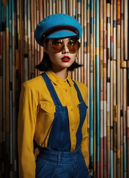Fashion portrait of young beautiful asian woman with short hairstyle and sunglasses in a stylish dress. ai generative.