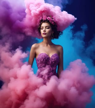 Portrait of a beautiful young woman with pink hair and smoke clouds. ai generative.