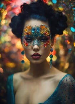 Portrait of a beautiful young woman with bright make up and Venetian mask. ai generative.