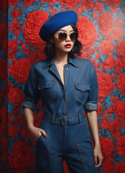 Fashion portrait of young beautiful asian woman with short hairstyle and sunglasses in a stylish dress. ai generative.