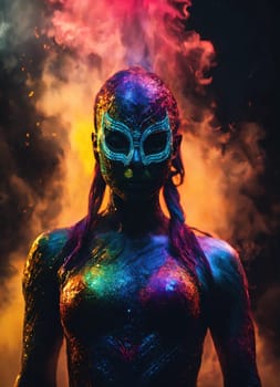 Beautiful young woman with colorfull hair in colorful smoke. ai generative.
