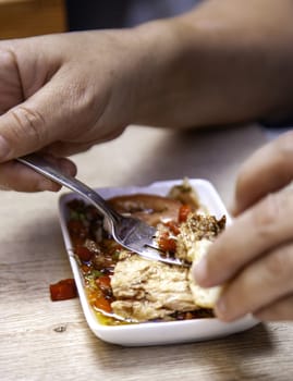 Detail of typical tapa in a Spanish bar, food and fun