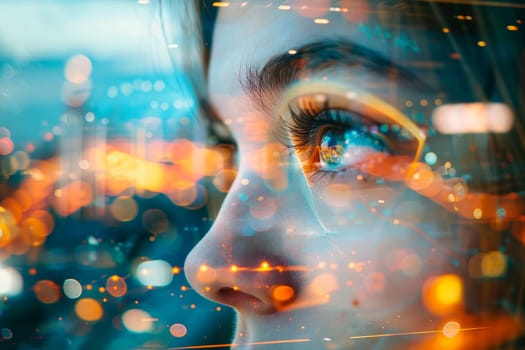 Sad beautiful woman looking through a window at city lights. AI generated