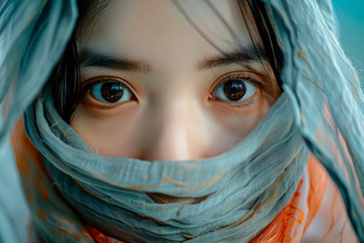 Close-up woman face covered in light fabric. Mysterious fantasy woman art portrait. AI generated.