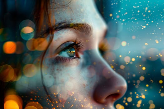 Sad young woman looking through a window at city lights. AI generated