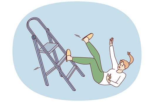 Clumsy woman falls off stepladder during repairs and risks injury and hospitalization with fracture. Concept violation of safety rules when using stairs leading to accident