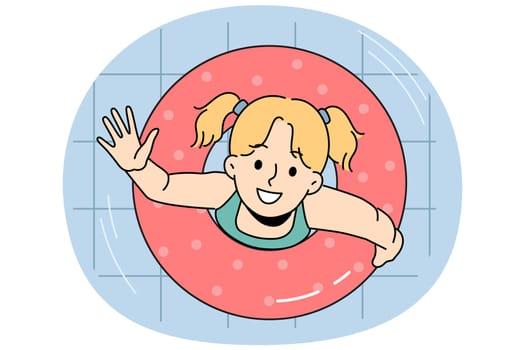 Cute little girl swimming in pool in round floating lifebuoy. Happy child have fun swim in life preserver enjoy summer holidays. Vector illustration.