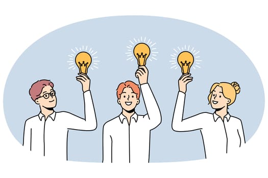 Smiling businesspeople with lightbulbs in hands generate creative ideas. Happy employees with light bulbs brainstorm develop business project or thought. Vector illustration.