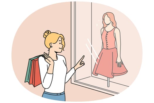 Happy woman with bags shopping in boutiques for new clothes. Smiling girl buying fashion apparel in shops look in showcases. Vector illustration.
