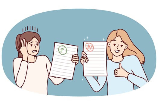 Two teen girls demonstrate sheets paper with positive and negative mark for completing exam task. Happy and upset female students share final test results for college admissions