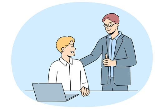 Smiling businessman show thumb up to male employee working on laptop in office. Happy employer praise good working man busy at computer. Vector illustration.