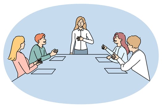 Smiling businesswoman thank audience for applause at business meeting. Happy employees applaud confident female boss at office presentation. Vector illustration.