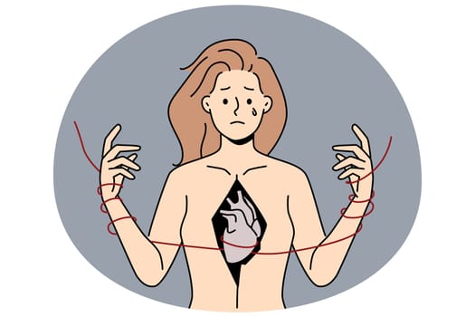 Unhappy woman with broken heart suffer from relationships problems. Distressed girl cry struggle with ripped chest feel heartbroken. Vector illustration.