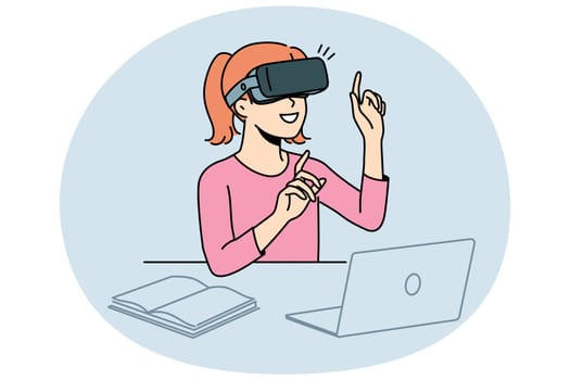 Smiling girl child sit at desk studying with VR glasses. Happy kid in virtual reality headset use stimulator for learning. Education and technology. Vector illustration.